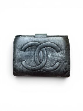 CHANEL Black Quilted CC Logo Leather Snap Wallet